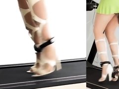 Elegant Chinese babe walking on treadmill with ankle cuffs