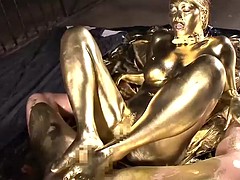 strange japanese gold fetish with hot babe giving footjob