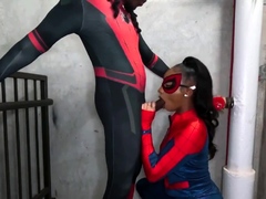 Black couple in costume fulfill hardcore sex fantasy