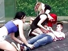 Little femdom girls play with their slave outdoors BDSM porn
