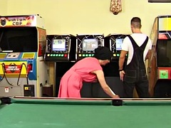 Hairy granny takes a young cock on the pool table