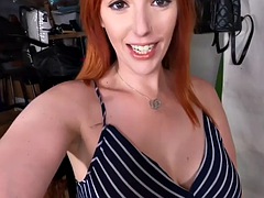 Busty redhead stepmom sucks before riding cock in garage