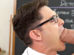 Geek stud dominated by student before class fisting