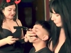 Restrained boy smothered and made to cum in BDSM threesome